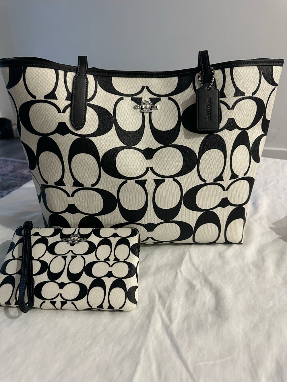 Coach Black & White Signature Canvas Tote with Wristlet